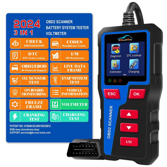 DonosHome DH300 multifunctional OBD2 tool,3-in-1 OBD2 Scanner+Battery System Tester+Voltmeter,OBD2 Code Reader,Diagnostic Tool,Enhanced Check and Reset Engine Light Fault,Voltmeter,Freeze Frame,DTC Lookup,I/M Readines,Charging/Cranking Test,Car Since 1996 - DonosHome - OBD2 scanner,Battery tester,tuning,Car Ambient Lighting