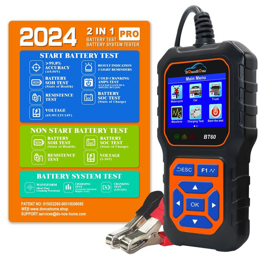 DonosHome BT60 Upgraded 2-in-1 Battery Tester&Battery System Tester, 5-36V 100-3000 CCA Load Tester Car Battery Tester AGM Lithium Gel Car Alternator Tester Digital Car Battery Analyzer Charging Crank System Tester for Car Truck ATV Motorcycle - DonosHome - OBD2 scanner,Battery tester,tuning,Car Ambient Lighting