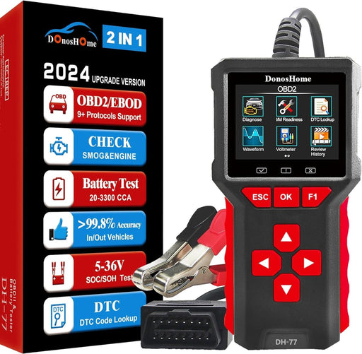 DonosHome DH77 2-in-1 OBD2 Scanner+Battery Tester 5-36V 20-3300 CCA >99.8% Accuracy 3.2" Colors Screen OBD2/EOBD Diagnostic Tool Engine Code Reader EVAP Digital Diagnosis DTC for Car Motorcycle&Truck - DonosHome - OBD2 scanner,Battery tester,tuning,Car Ambient Lighting